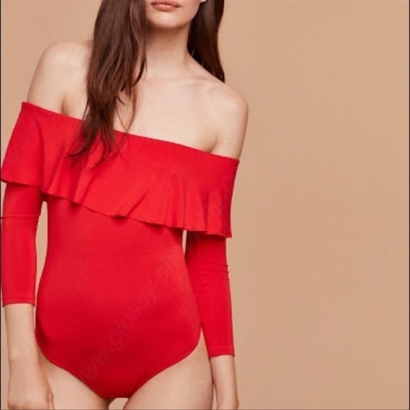 Aritzia Wilfred Black Off the Shoulder Ruffle Thong Bodysuit size Small - Picture 4 of 16